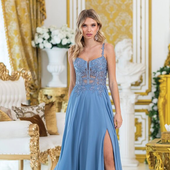 New Sleeveless A-Line Formal Gown w/ Glitter Floral Lace & Leg Slit DQ 4531 - Picture 1 of 9